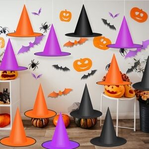 Halloween Witch Hat Hanging Decorations - Orange, Purple, Black